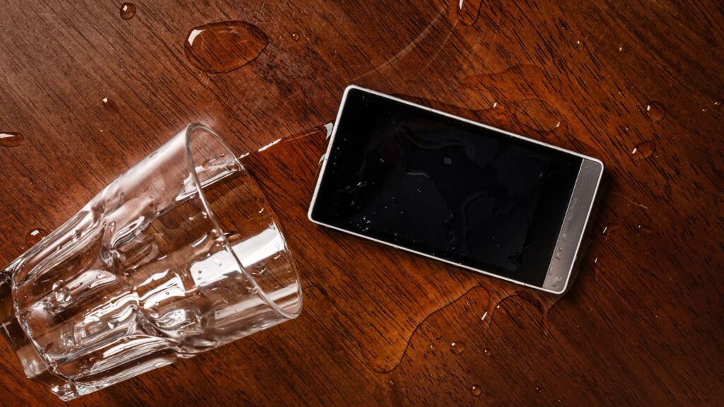 smartphone leży w wodzie na stole telefon po zalaniu wodą